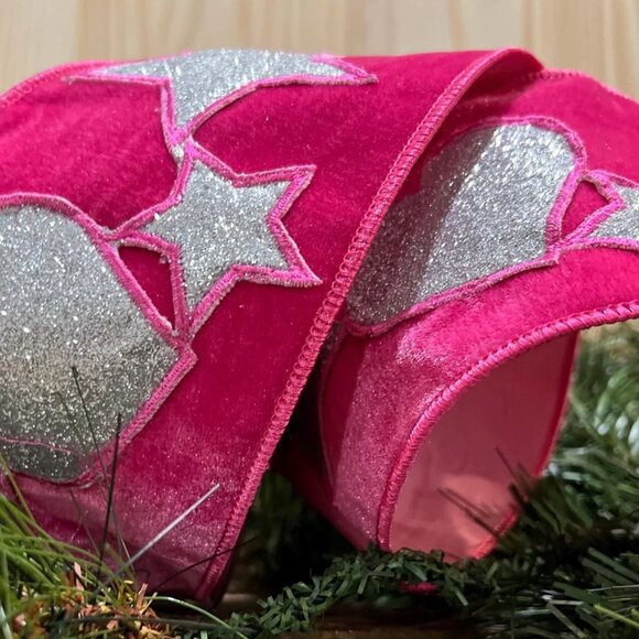 4 inch Hot Pink Velvet with Hearts and Stars Wired Edge Ribbon Holiday Crafts - Picture 4 of 9